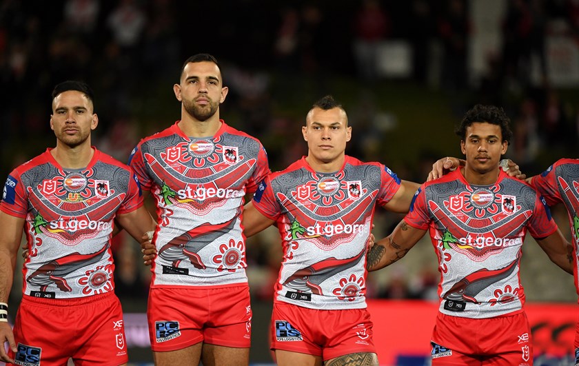 Josh Kerr lines up with is St George Illawarra Dragons team mates in NRL's Indigenous Round. Photo: NRL Images