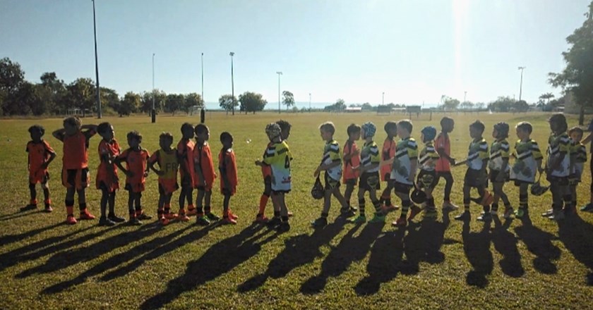 Hope Vale and Central Coast players showed great sportsmanship by shaking hands after they played each other in the Dean Schifilliti Under 8 carnival at Ingham.