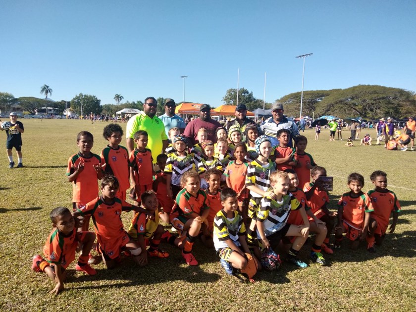 Former NRL hero Matty Bowen with Hope Vale and Central Coast teams at the Dean Schifilliti Under 8 carnival held in Ingham last weekend.