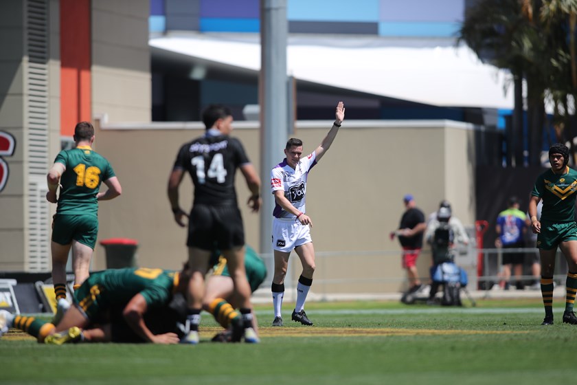 Wyatt Raymond refereeing the Australia v New Zealand schoolboys Test in 2019. Photo: QRL