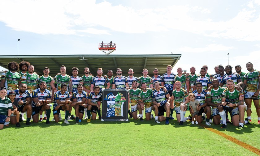 The Ipswich Jets and Townsville Blackhawks after their Round 1 Defence Appreciation Round game. Photo: QRL Media