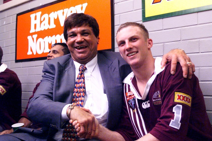 Arthur Beetson congratulates Darren Lockyer. Photo: QRL archives
