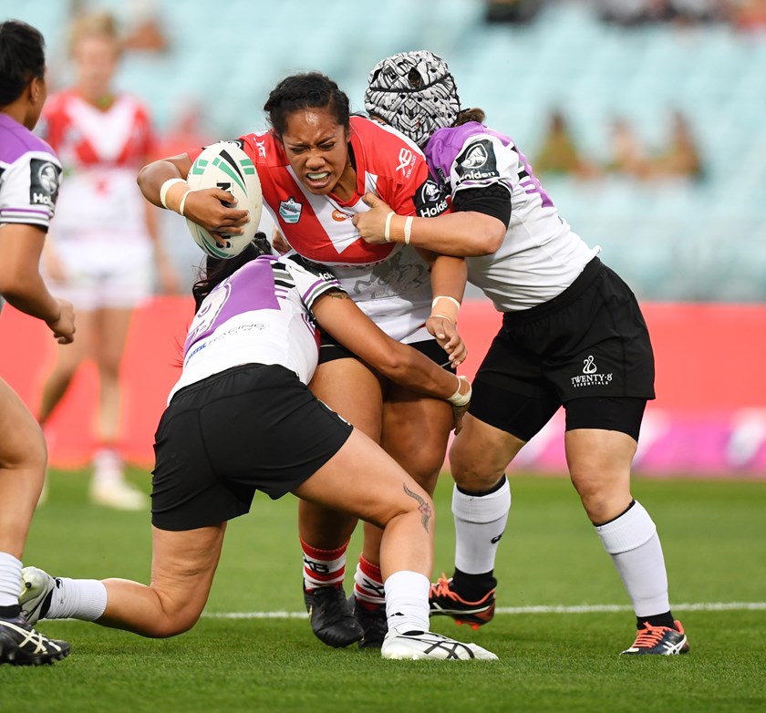 Asi Mafi made her NRLW debut for the Dragons in the win over the Warriors alongside Wests Panthers team-mate Kate Haren. Photo: NRL Images