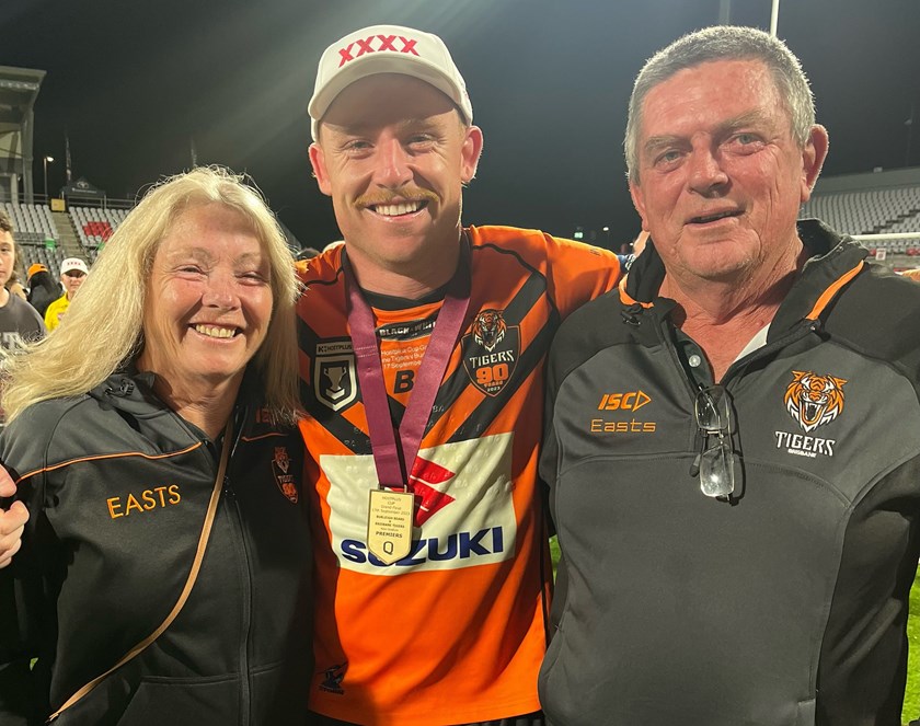 Becky Rafter, Brisbane Tigers' Tom Rafter and QRL Outback league and club coordinator Peter Rafter
