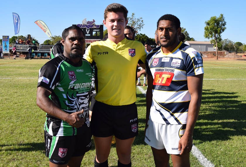 Match official James Harbidge with representatives from Mornington Island and Normanton. Photo: QRL Media