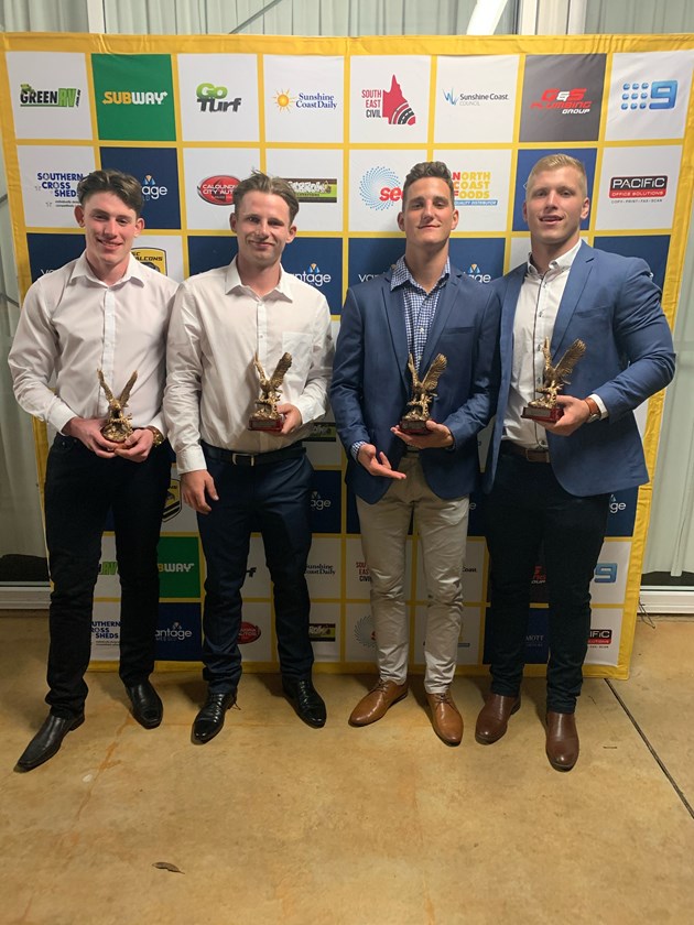 Four Hastings Deering Colts players received ‘Iron Falcon’ awards for playing in all the club's regular season games: Wyatt Reynolds, Gian Largiader, Tom Dwan and Kane Jackson. Photo: Tegan Cronau
