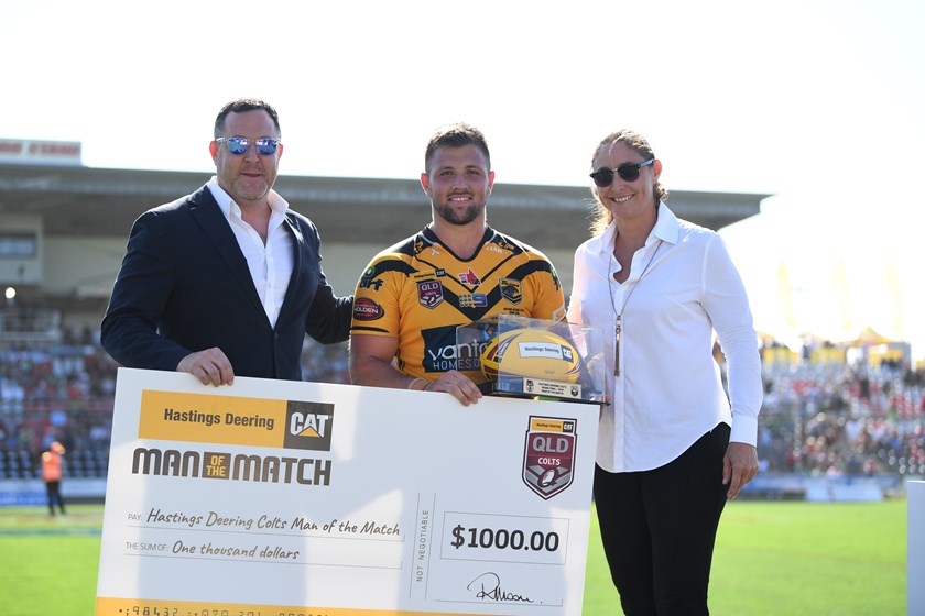 Tyson Smoothy accepts player of the match honours in the 2019 Hastings Deering Colts grand final. Photo: QRL