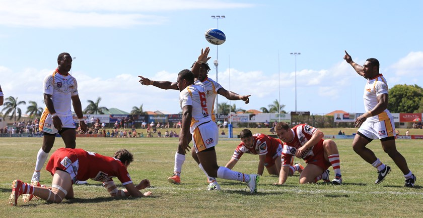PNG Hunters captain Israel Eliab scores his club's first ever points v Redcliffe in 2014.