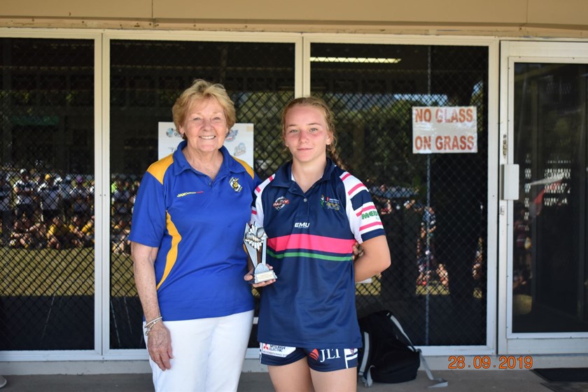 Girls Player of the Final Brandy Yallop from Townsville Brothers with Sandy Tassell.