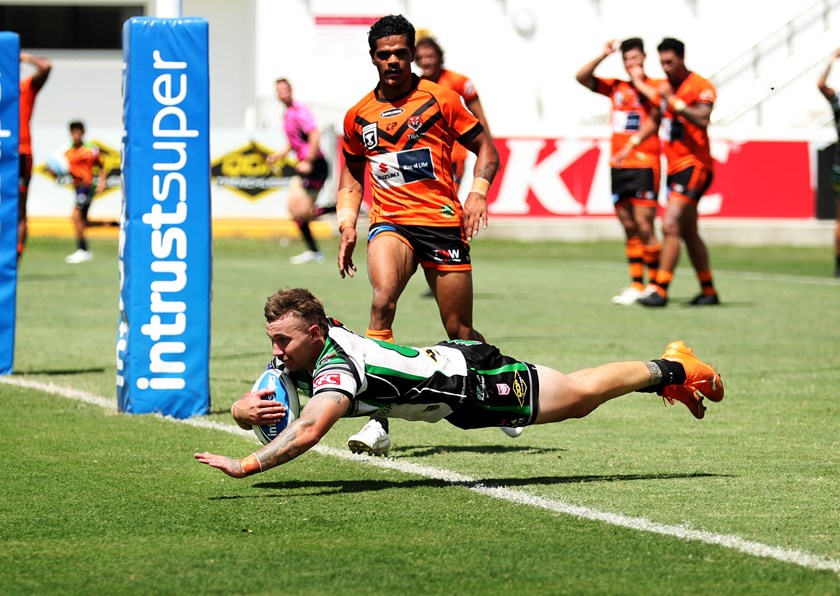 Joe Boyce goes over to score against the Tigers. All photos: Alix Sweeney