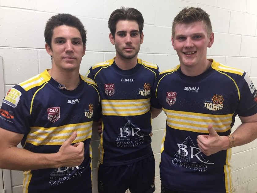 DEPARTMENT OF YOUTH: Waves’ Sam Tobin, Lachlan Santana and Lachlan Madden after playing in both their Under 18 and A Grade semi final victories.