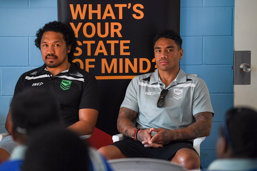 NRL State of Mind program ambassadors Clinton Toopi and Willie Tonga held sessions in the Weipa community to promote awareness around mental health problems.