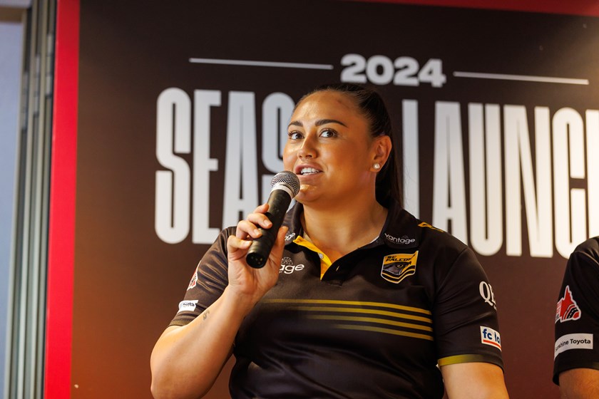Brander talking at the Queensland Rugby League statewide competitions launch. Photo: Josh Woning/QRL
