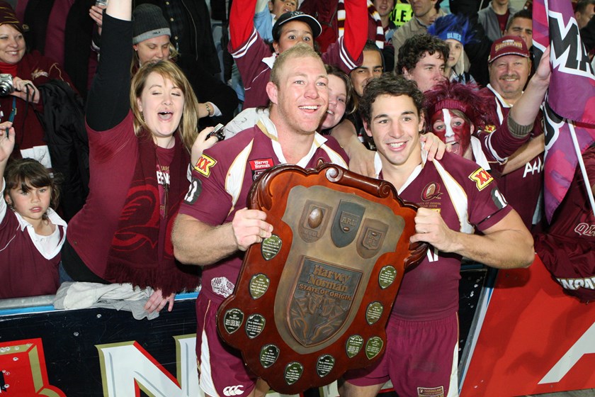 Michael Croker and Billy Slater with the Origin shield. 