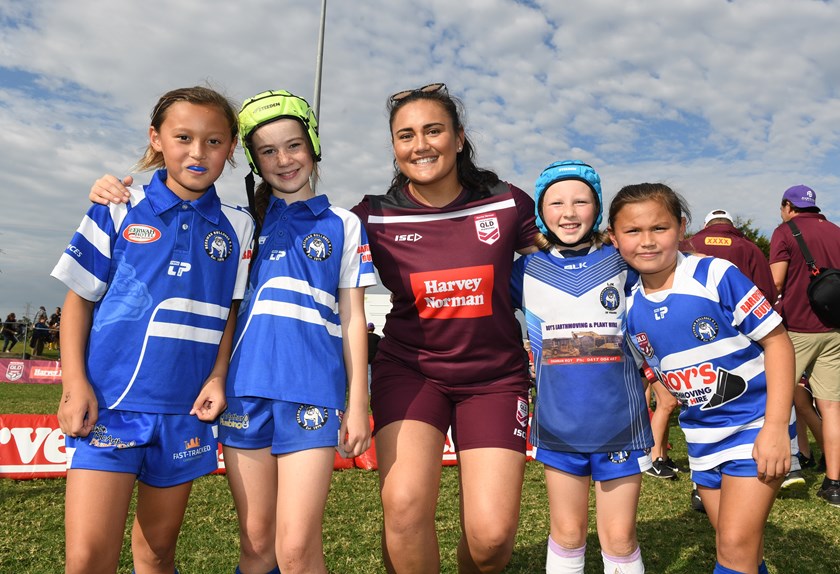 Annette Brander with some junior Beerwah Bulldogs at the Harvey Norman Queensland Maroons fan day last year. Photo: NRL Images