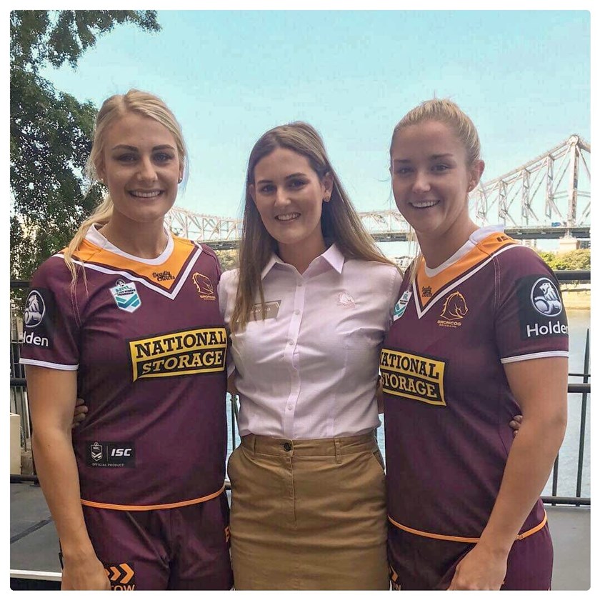 Emily Hall with Queensland Women's and Broncos players Kody House and Meg Ward. Photo: Supplied