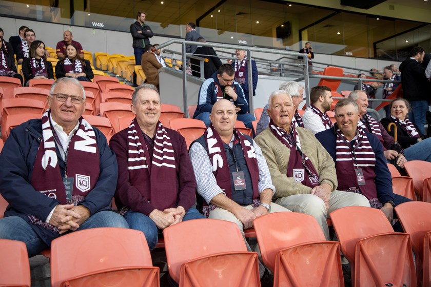 Johnny Gleeson’s sons, Joe and Terry, Johnny’s brother, Joe, with Reg Cannon and Steve Ricketts at the Queensland Maroons captain's run. Photo: Jim O'Reilly / QRL