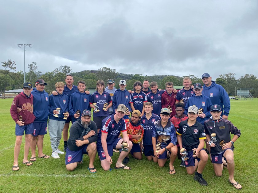 Andrew Beazley - back row in the Queensland Maroons jumper and glasses - with his Atherton Roosters teammates in 2021. Photo: Atherton Roosters Facebook