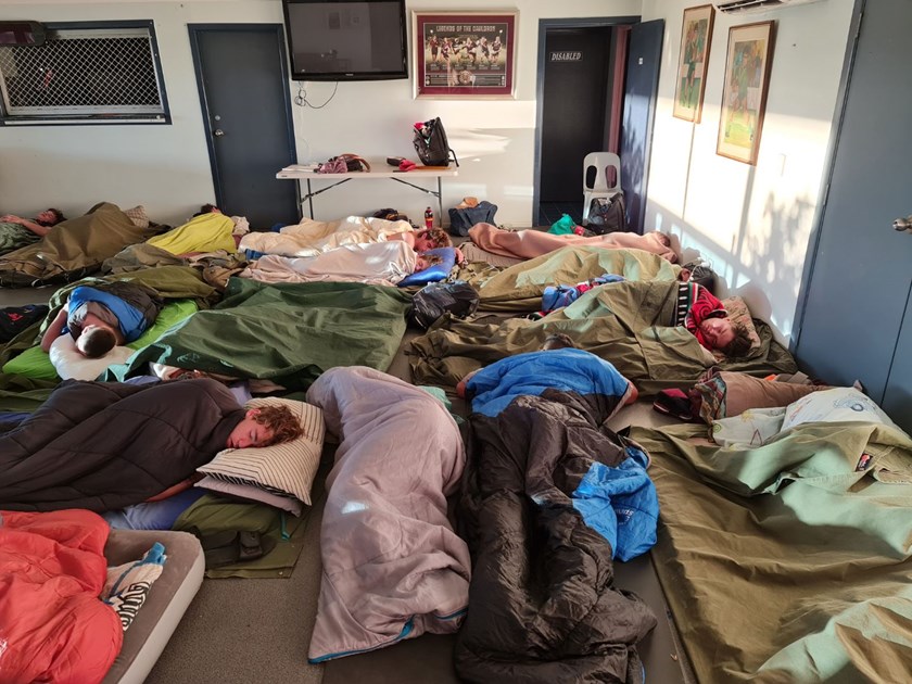 The Western Mustangs Cyril Connell Challenge camped in swags at the Roma Cities clubhouse in the recent trek to the Maranoa.