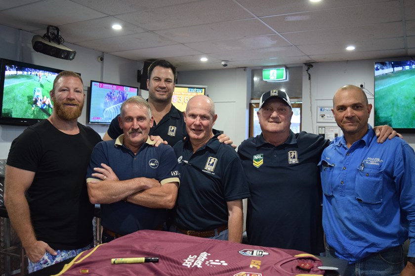 Mick Crocker, Dave Shillington and Men of League representatives in Roma.

Main Image: Former Ipswich Jet and current Sharks player Kurt Capewell presents a Queensland jersey in Charleville. Photos: QRL Media