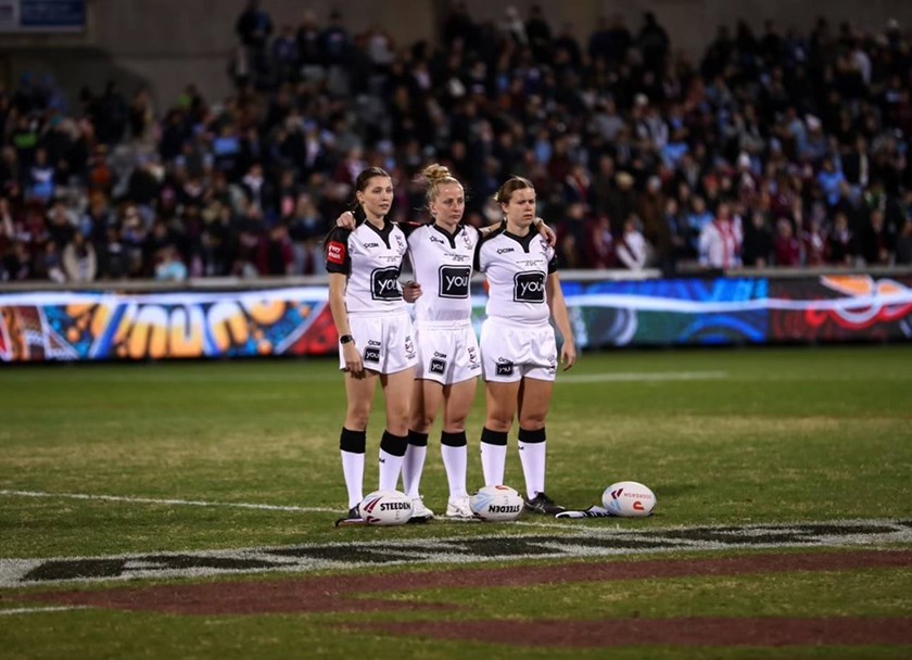 Beattie (right) with fellow Queensland match officials, Tori Wilkie (left) and Belinda Sharpe (centre).