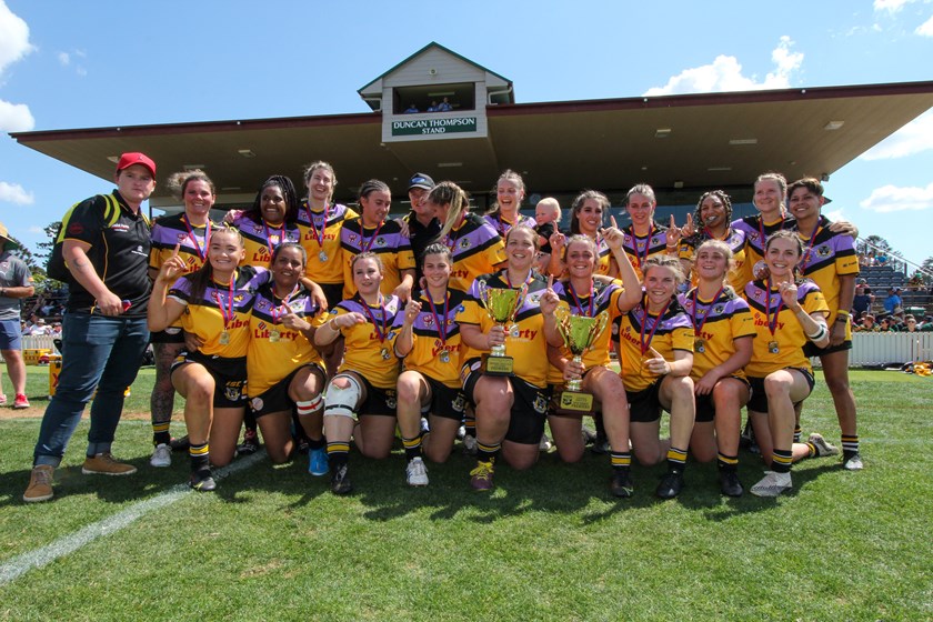 The Gatton Hawks women's team celebrate after winning the 2021 premiership. Photo: Jay Smith