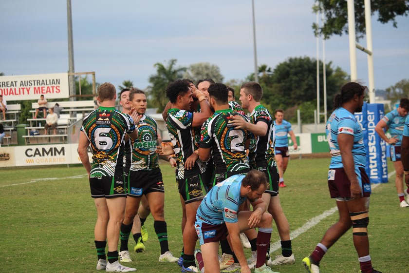 The Townsville Blackhawks celebrate a try. Photo: Kirrilly Parr / Townsville Blackhawks Media