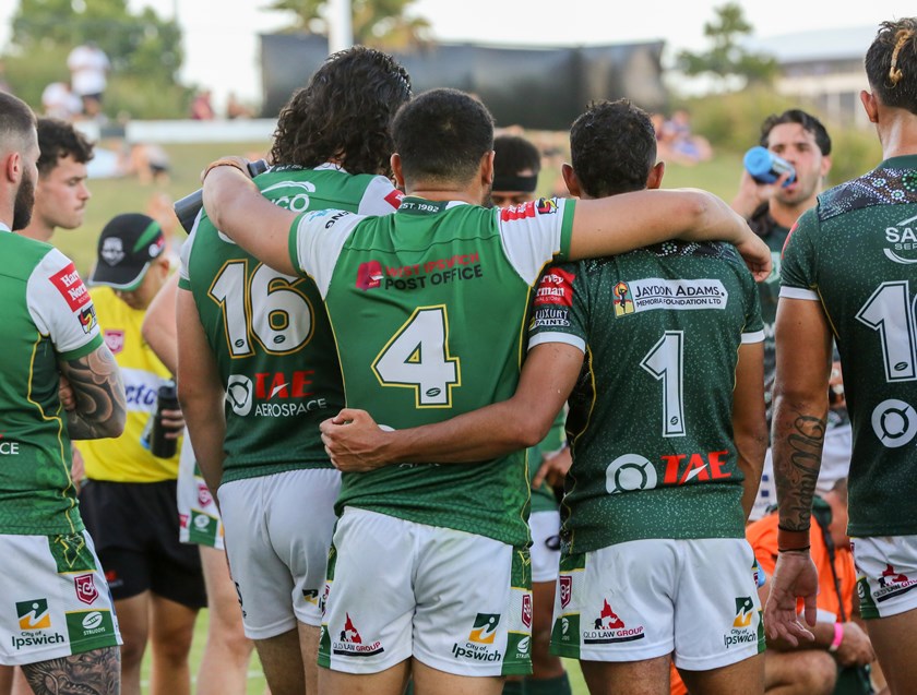 Khalil Rahme - wearing No.16 - with teammates in an Ipswich v Sunshine Coast trial. Photo: Rikki-Lee Arnold/QRL