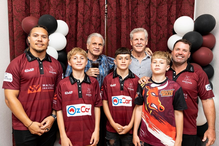 Shaun Nona, Ari Baban, Colin Scott, Kolby Walters, Gene Miles, Leo Payton and Andy Walters at the Bulls season launch. Photo: Supplied