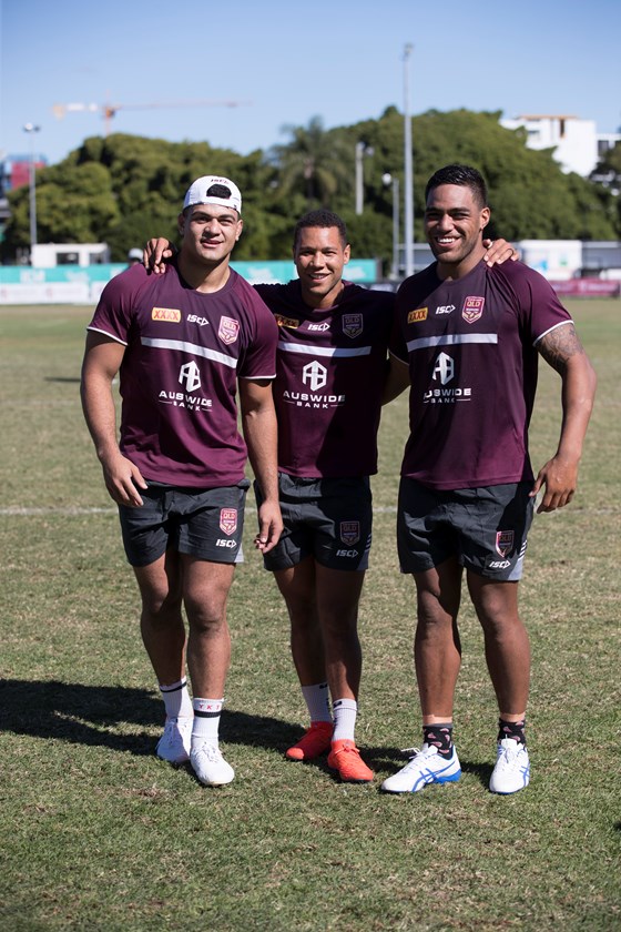 Moses Mbye at Maroons training with fellow State of Origin Game I fresh faces David Fifita and Joe Ofahengaue. 