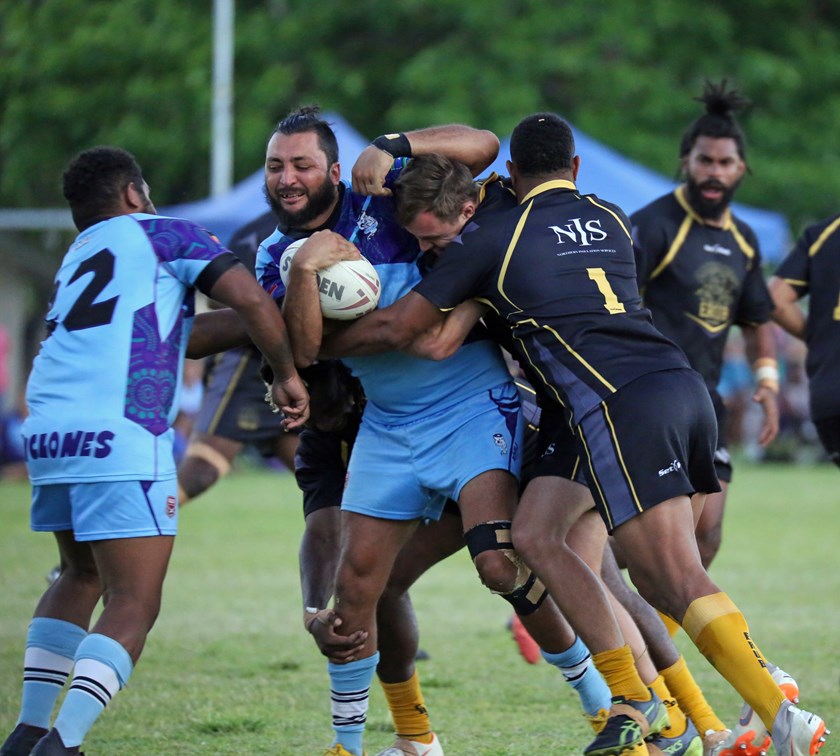 Action in the grand final between Cyclones and Erub United. Photo: Maria Girgenti