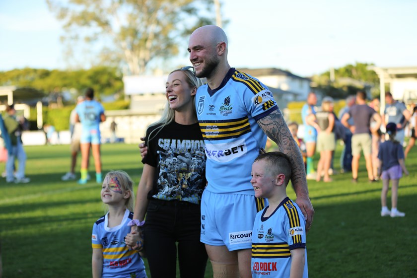 Jack Ahearn after the game with his young family. Photo: Rikki-Lee Arnold/QRL