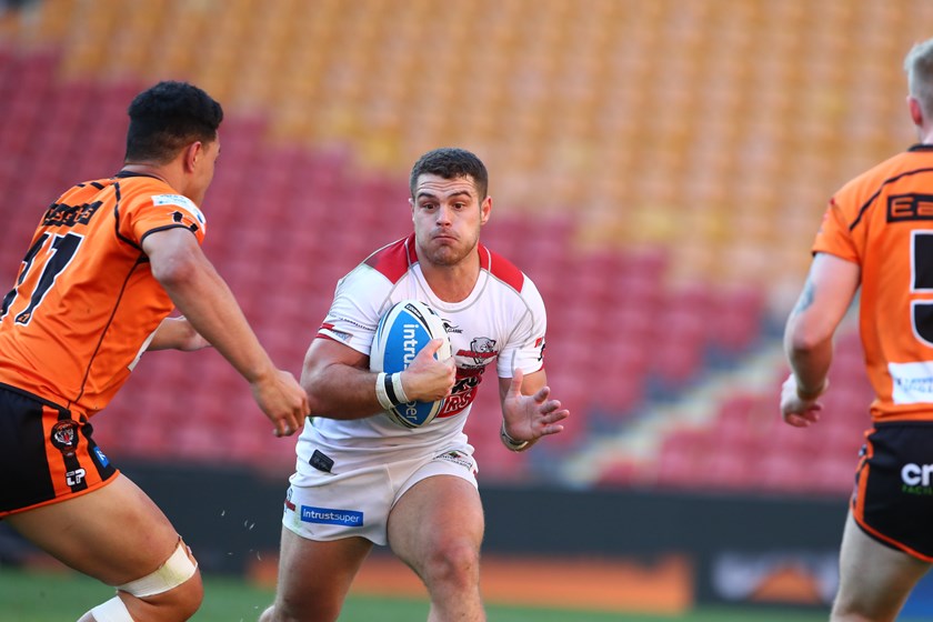 Josh Beehag with the ball for Redcliffe Dolphins in the 2018 grand final. Photo: QRL