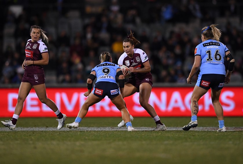 Jessika playing for the Harvey Norman Queensland Maroons in 2022. Photo: NRL Imagery