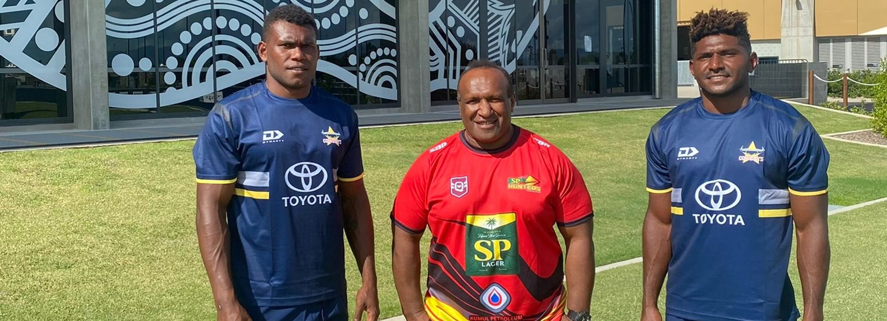 PNG Hunters 2022 squad members Anthony Worot and Sherwin Tanabi with assistant coach Stanley Tepend. Photo: PNG Hunters Media 