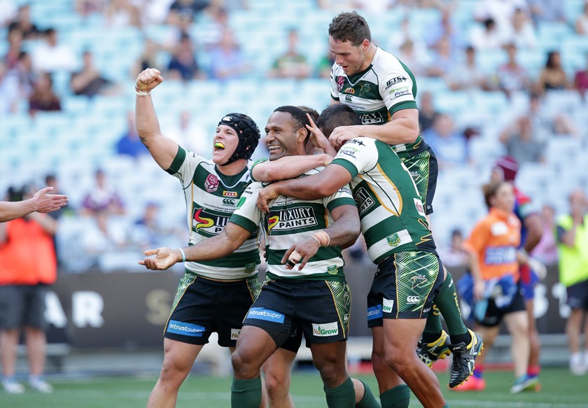 Josh Cleeland celebrates with Rod Griffin in the 2015 NRL State Championship win in 2015. Photo: NRL Images