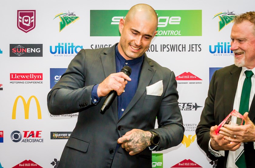 Nat Neale accepts his sixth Allan Langer Medal as Intrust Super Cup player of the year. Photo: Ipswich Jets