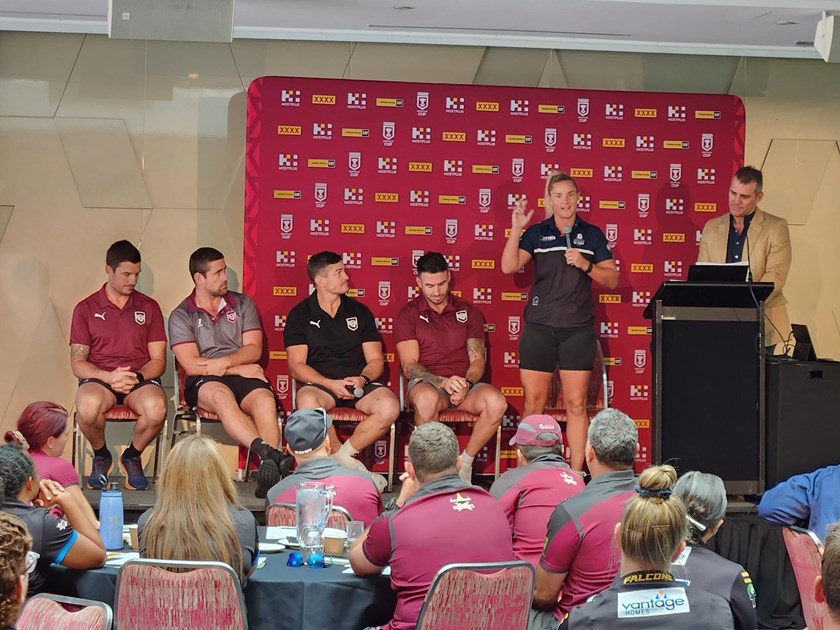 Matt Gillett, Andrew McCullough, Matt Ballin, Darius Boyd, Meg Ward and Scott Sattler at the 2023 Future Maroons Coaching Conference.