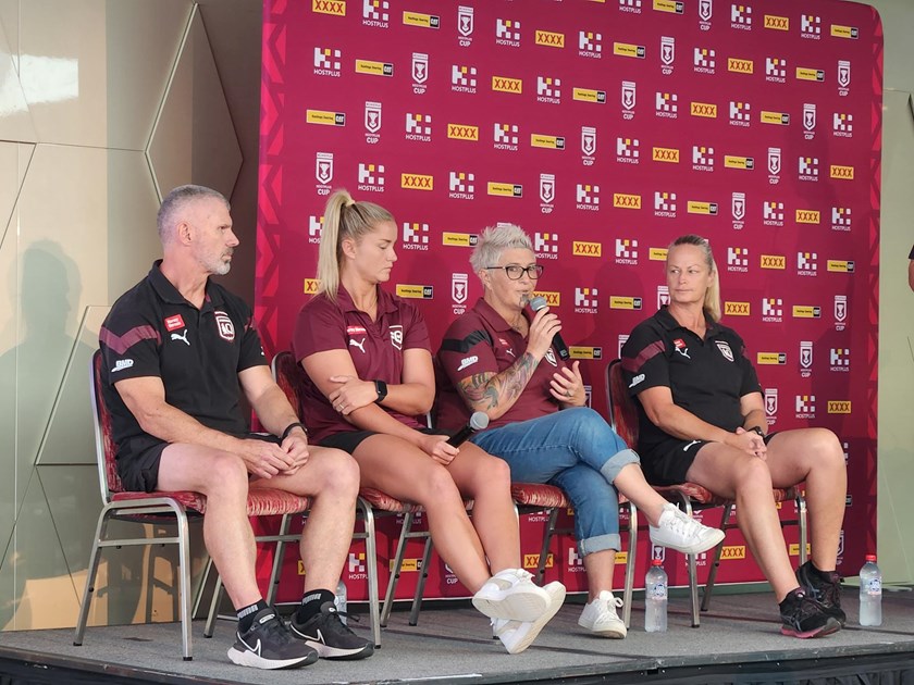 Ward (second from the left) on stage at the Future Maroons Coaching Conference with QRL physical performance manager John Mitchell, wellbeing officer Carmen Taplin, and Harvey Norman Queensland Maroons coach, Tahnee Norris.