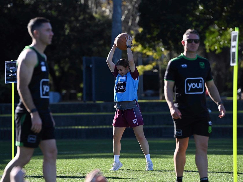 Izzy Davidson in the medicine ball challenge. Photo: NRL