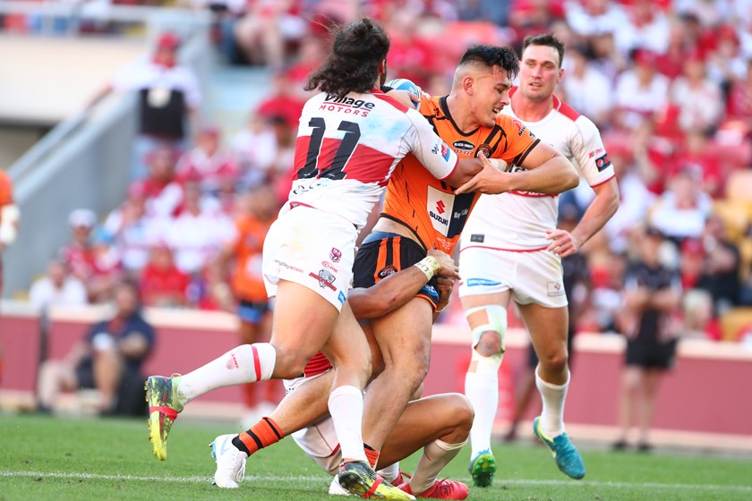 Tino Fa’asuamaleaui plays for the Easts Tigers in the Intrust Super Cup grand final. 