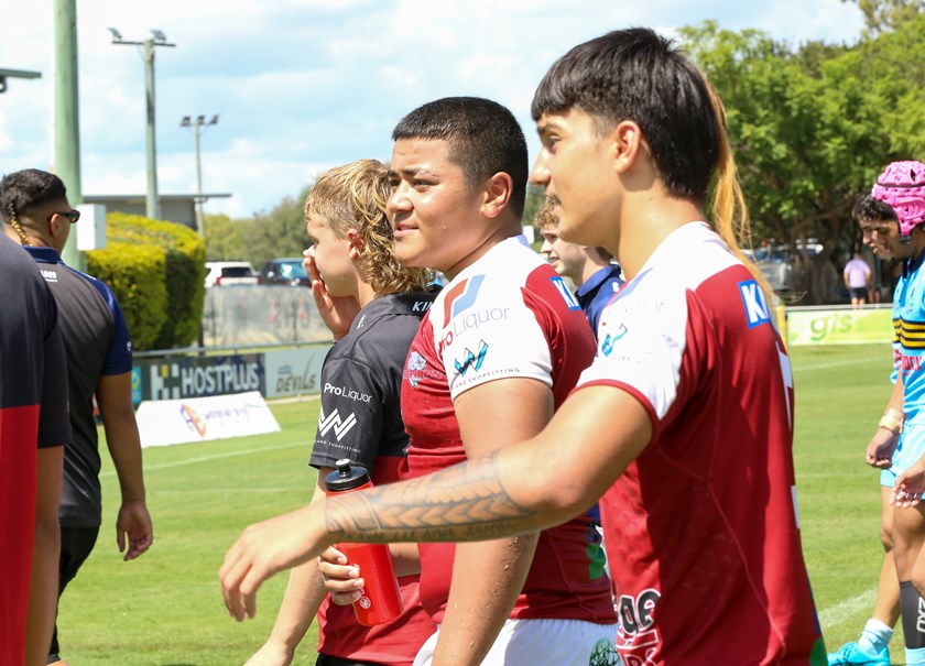 Taufa Taulani (centre) with teammates after Redcliffe's Round 5 win over Norths. Photo: Rikki-Lee Arnold/QRL