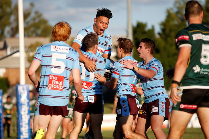 The Capras celebrate together against Ipswich Jets. Photo: Josh Woning / QRL