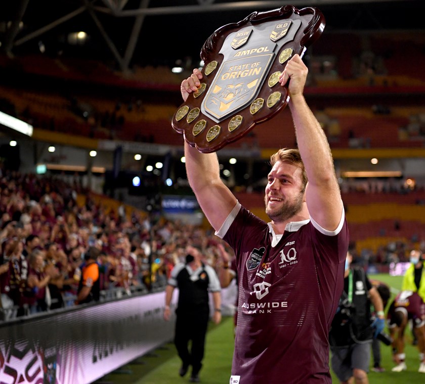 Christian Welch with the shield. Photo: NRL Images