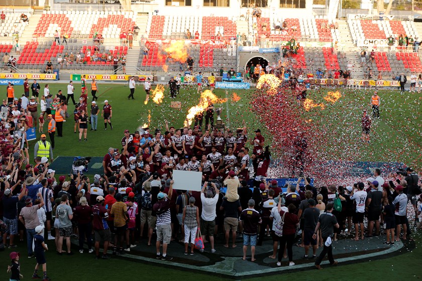 The Burleigh Bears celebrate their Intrust Super Cup win in 2019. Photo: QRL