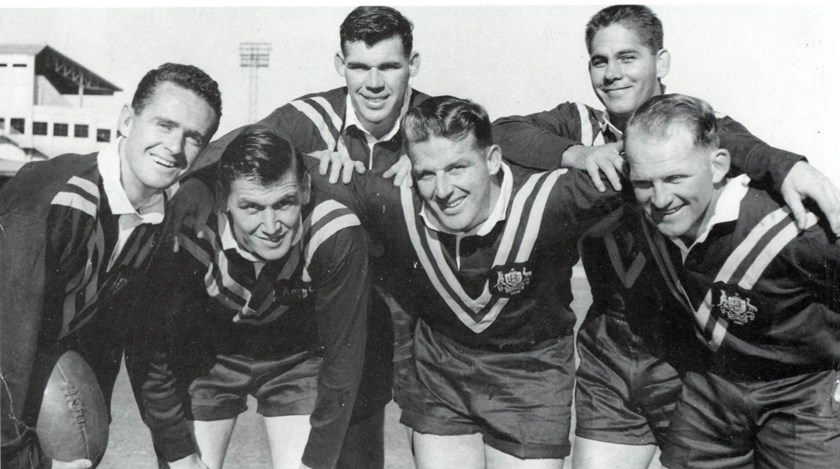 Queensland players in the 1960 Australia side, with a record five Queensland forwards: back row L to R: Elton Rasmussen, Jim Paterson. Front row L to R: half back Barry Muir, Dud Beattie, Noel Kelly and Gary Parcell. Note: Col Weir was also selected as a reserve in this squad.