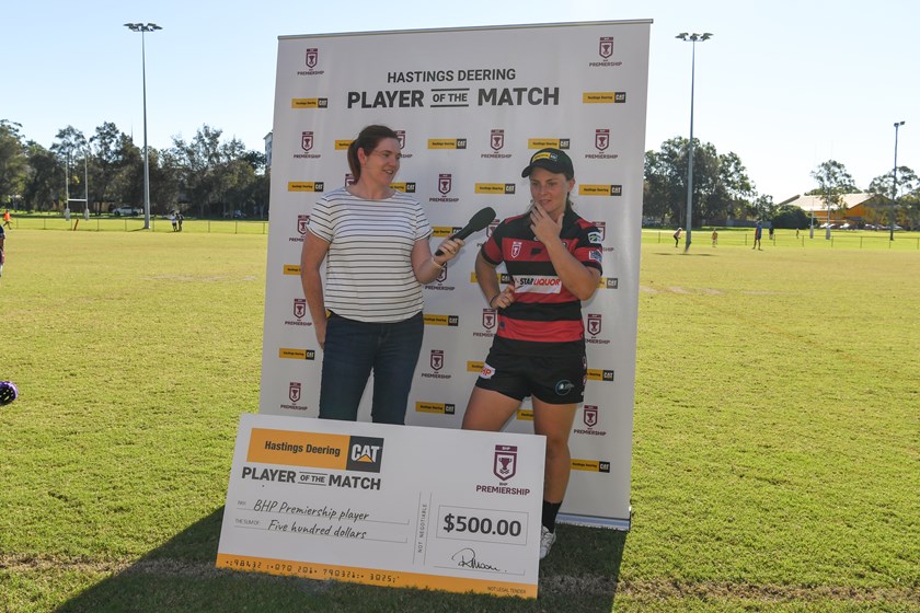 Jo Barrett interviews Lana Sheedy after her Hastings Deering Player of the Match performance. Photo: Vanessa Hafner / QRL