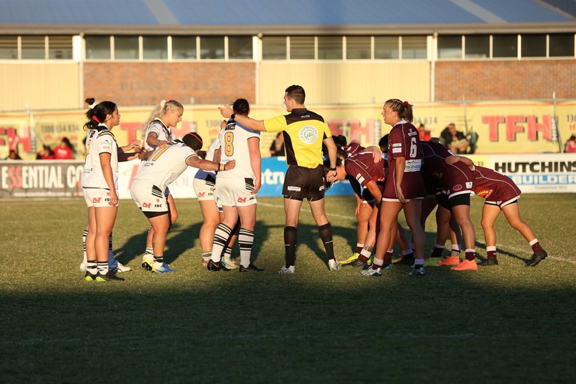 Souths Logan Magpies and Burleigh Bears pack a scrum. Photo: Colleen Edwards / QRL 