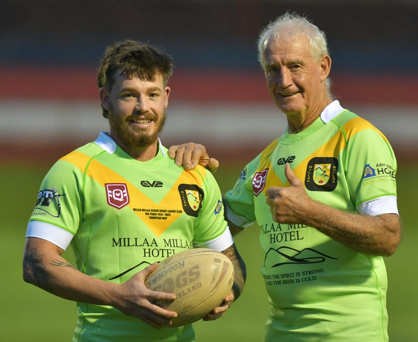 Atherton Roosters 2023 player of the year Connor Griffin and Millaa Millaa 1977 premiership winning captain-coach Henry Winters. Photo: Darryl Day