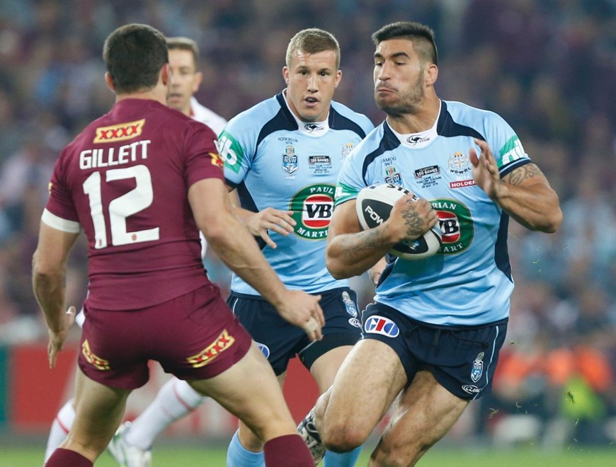 JAMES TAMOU - STATE ORIGIN GAME 1 - QLD MAROONS V NSW BLUES - 28TH MAY 2014. PHOTO: CHARLES KNIGHT - SMPIMAGES.COM. 